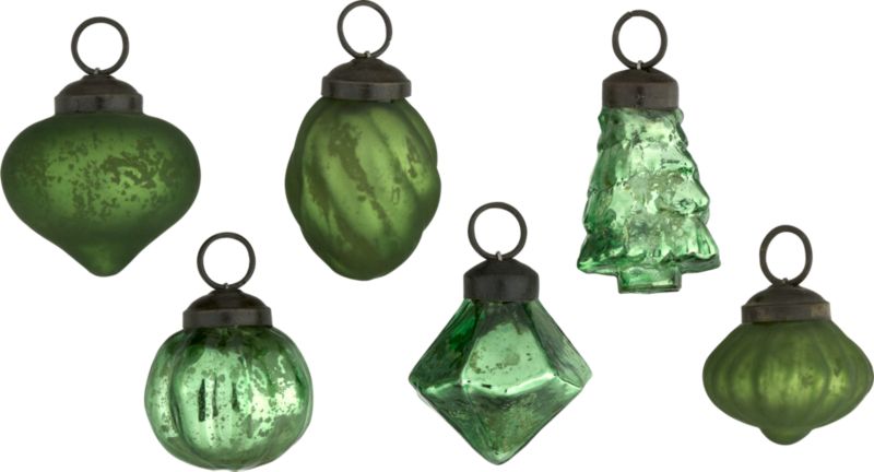 Set of 6 Mini Antique Glass Green Ornaments