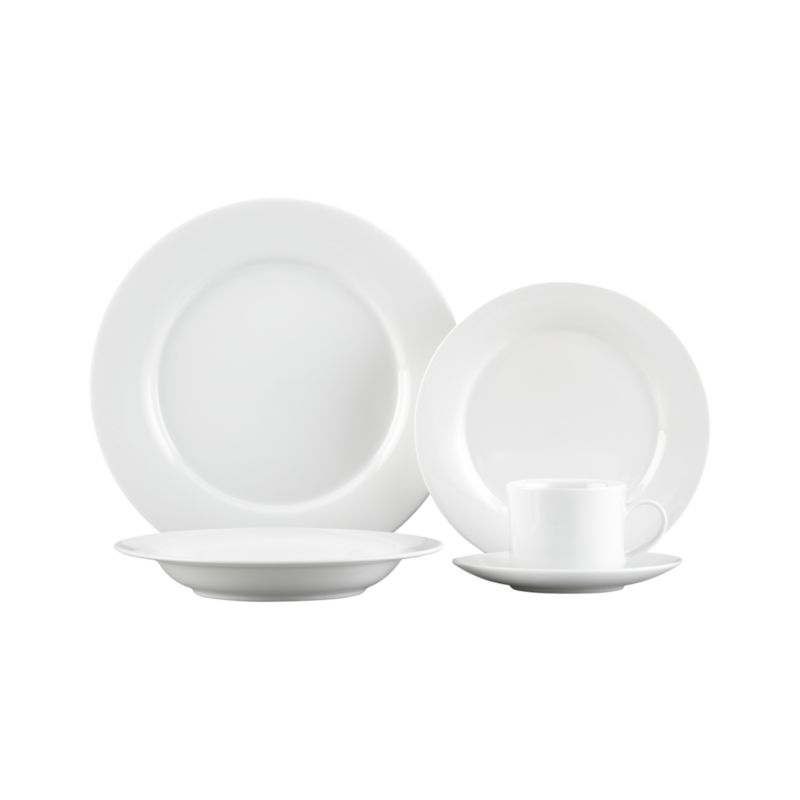 5-Piece Place Setting: dinner plate, salad plate, low bowl, cup and saucer.