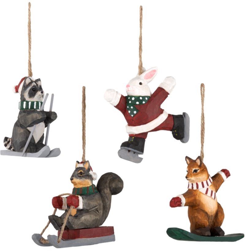 Set of 4 Carved Woodland Sports Animal Ornaments