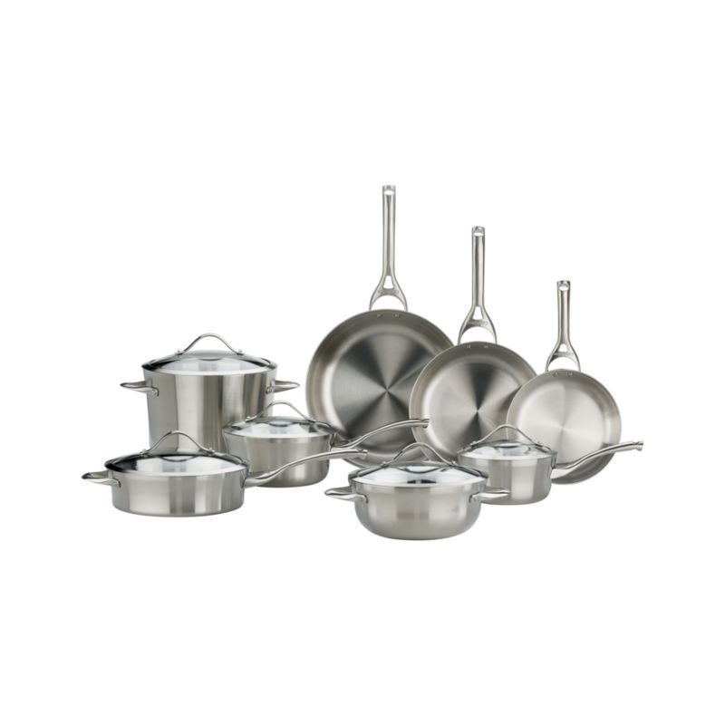13-Piece Set with Double Bonus: 8" frypan, 10" frypan, 12" frypan, 1.5 qt. saucepan with lid, 2.5 qt. saucepan with lid, 3 qt. chef's casserole with lid, 3 qt. sauté pan, 8 qt. stockpot with lid, bonus 8 qt. pasta insert, bonus 12" everyday pan with lid.