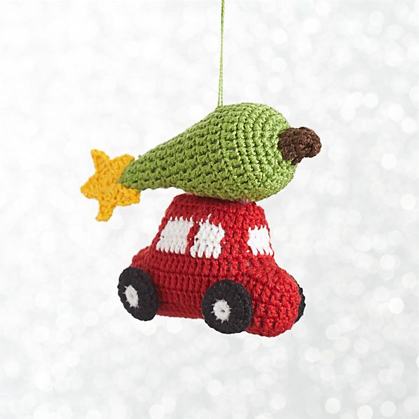 Crocheted Christmas Car with Christmas Tree Ornament in Red & Green