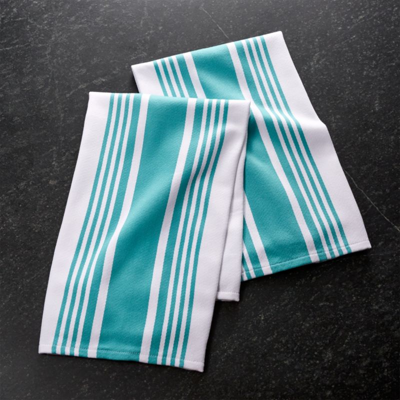 Set of 2 Cuisine Stripe Aqua Dish Towels Crate and Barrel