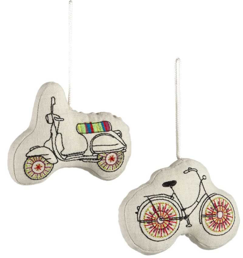 Set of 2 Embroidered Cycle and Scooter Ornaments