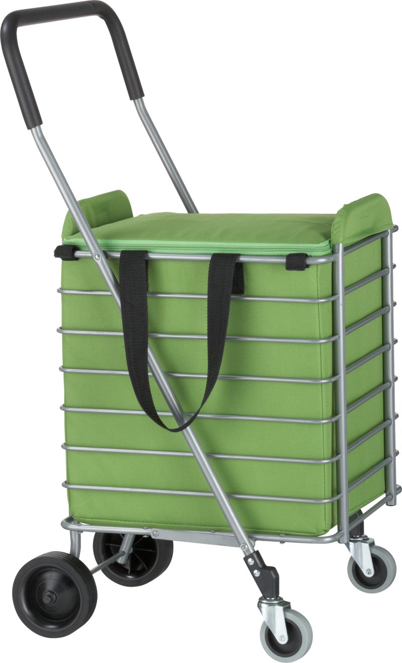 Folding Shopping Cart with Green Insulated Cart Liner. 15.5"Wx19.75"Dx35.75"H (open); 15.5"Wx8"Dx40.75"H (folded); 13.5"Wx16"Dx16"H (basket)