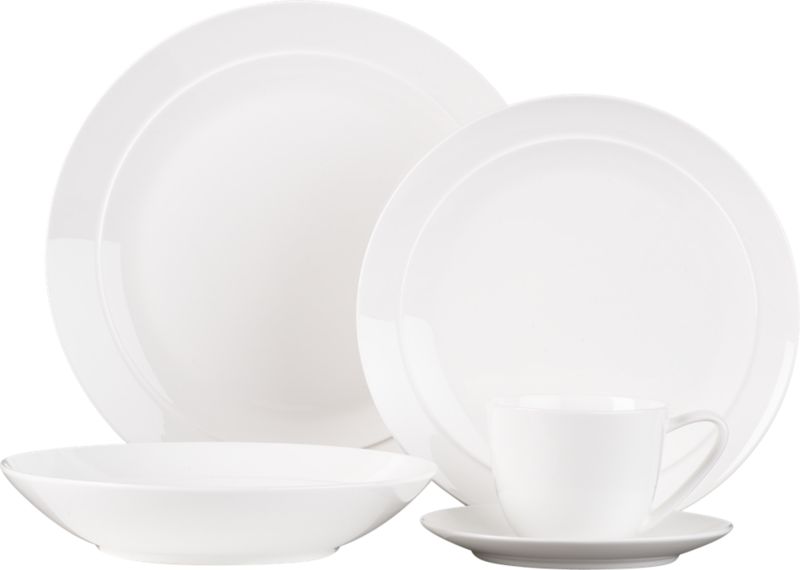 5-Piece Place Setting: dinner plate, salad plate, low bowl, cup, saucer.