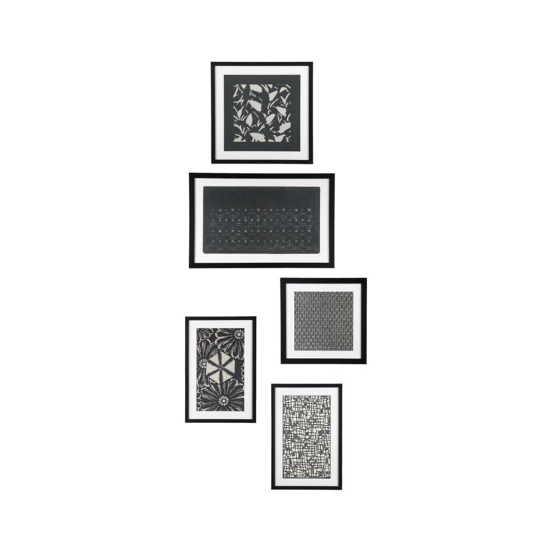 Set of five prints. 16.25"Wx1.25"Dx24.25"H Arabesque and Syncopated Geometry, 20.75"Wx2.25"Dx32"H Katagami, 21.5"sq.x1.5"D Mulberry Leaf, and 19.75"sq.x1"D Washi.