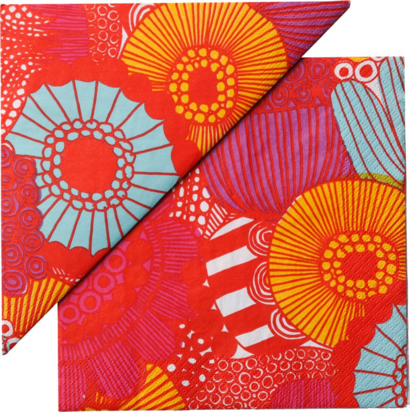 Set of 20 Marimekko Kotipuutarha Red and Orange and Blue Paper 6.5" Napkins