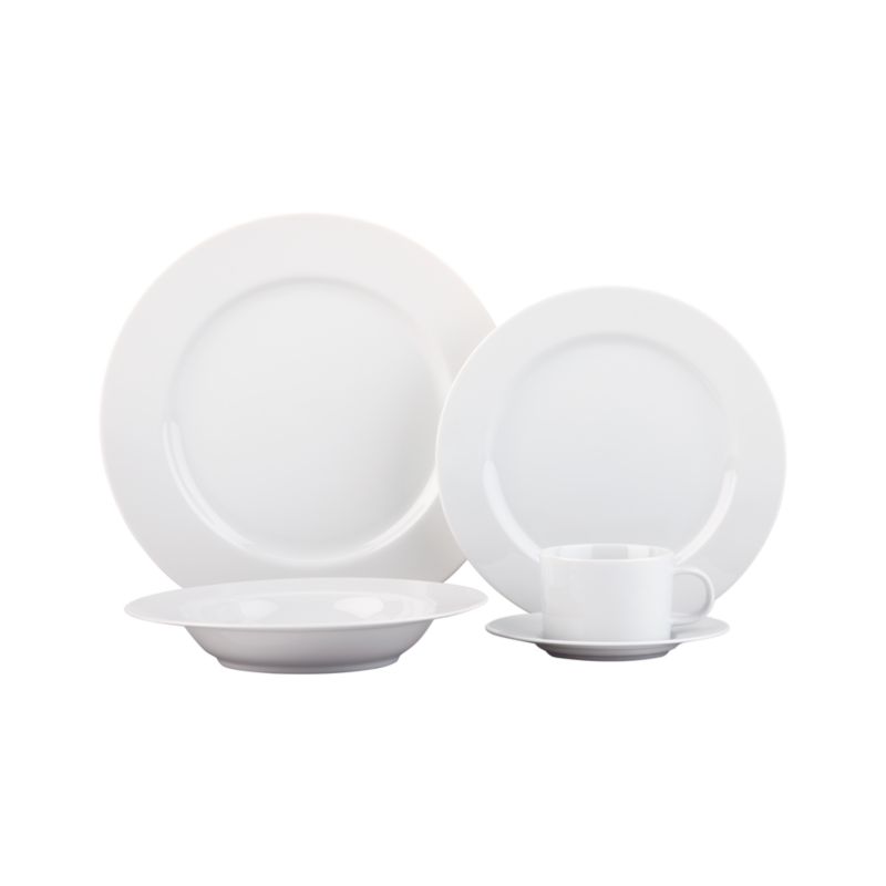5-Piece Place Setting: dinner plate, salad-dessert plate, low bowl, cup, saucer.