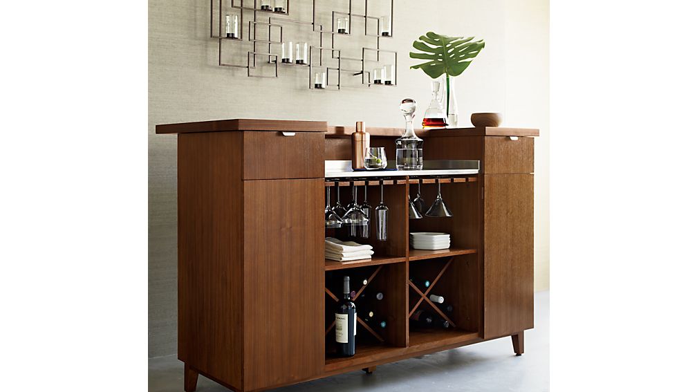 Maxine Walnut Standing Home Bar with Stainless Steel Top Crate and Barrel
