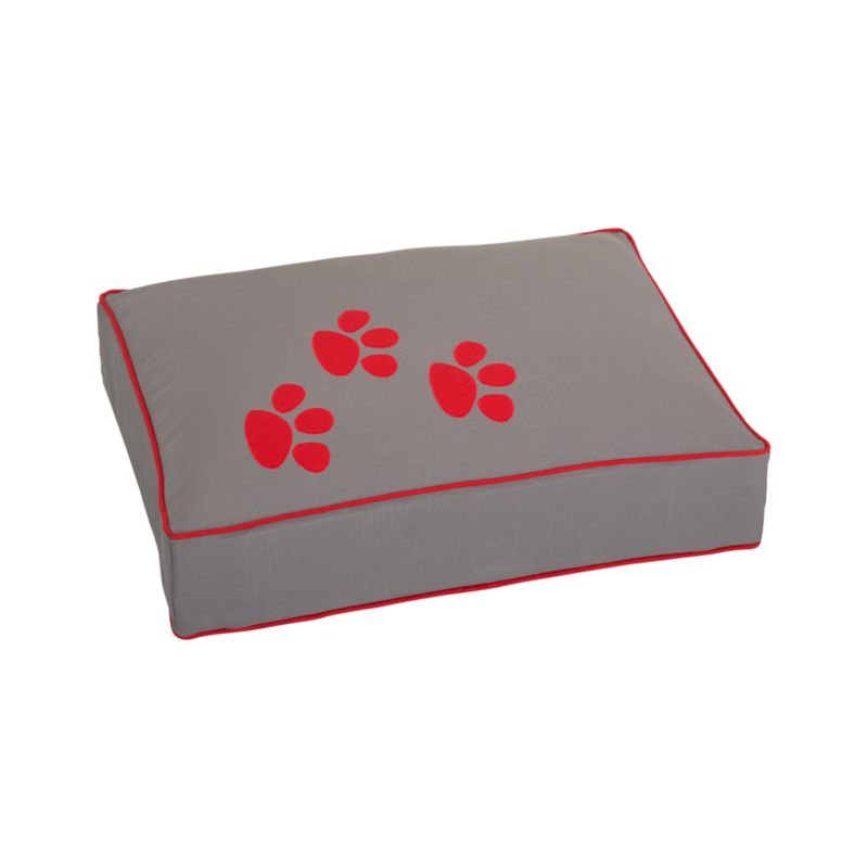 Grey Dog Bed Small with Red Paw Prints