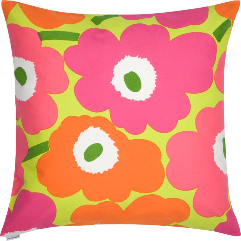 Marimekko Pieni Unikko Pink and Orange and Lime Pillow. 20" sq.