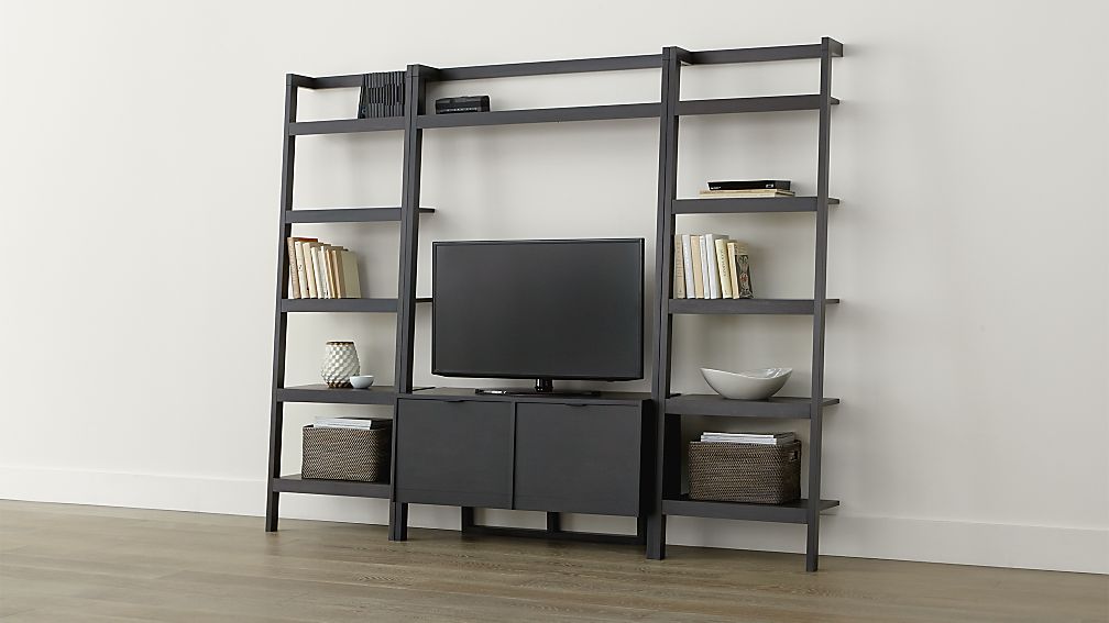 Sawyer Grey Leaning Media Stand with Two 24.5'' Bookcases Crate and Barrel