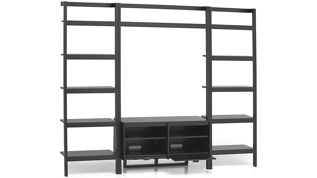 Sawyer Grey Leaning Media Stand with Two 24.5'' Bookcases Crate and Barrel