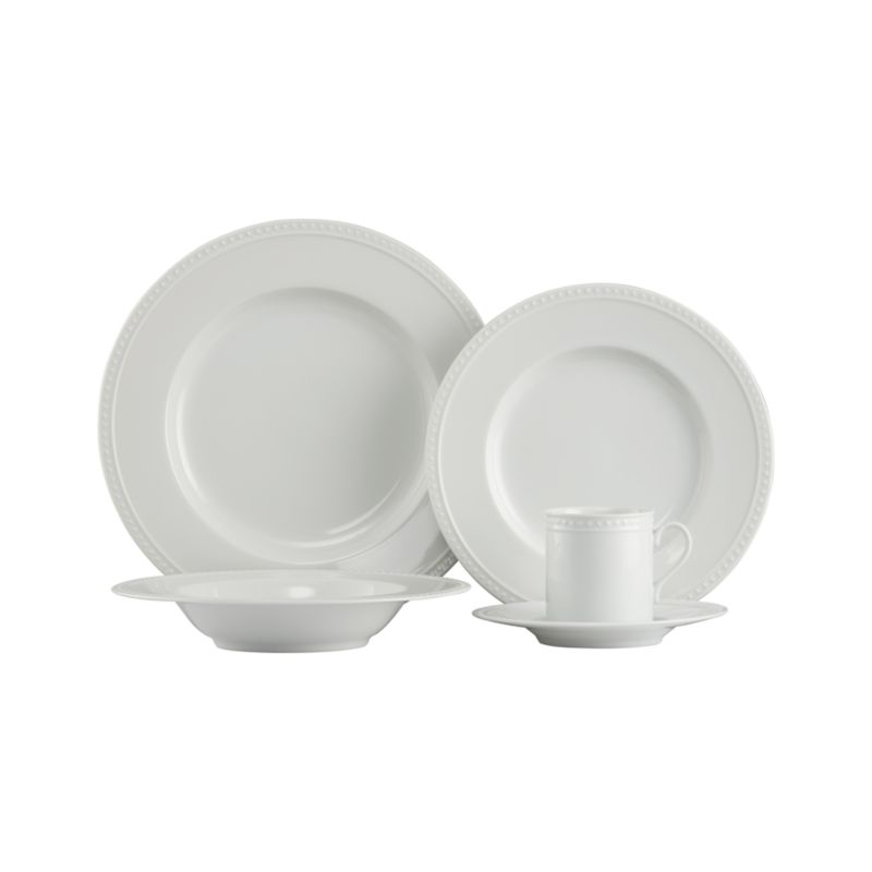 5-Piece Place Setting: dinner plate, salad plate, low bowl, cup, saucer.