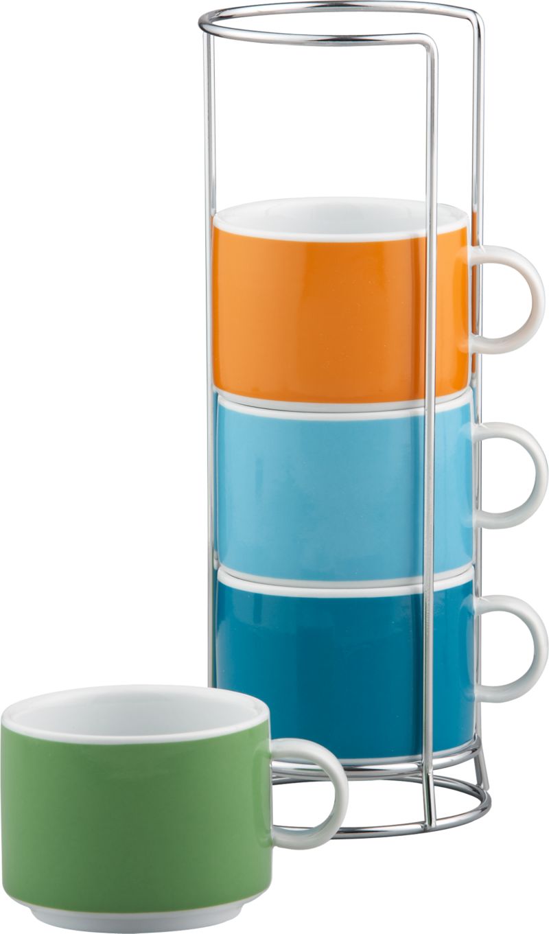 Set of four solid stacking mugs with metal rack: one of each color. 9 oz.; 3.5"dia.x2.75"H mug; 3.875"dia.x10.75"H rack.