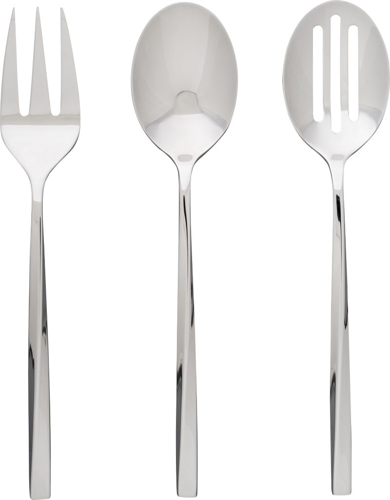 3-Piece Serving Set: serving fork, serving spoon, pierced serving spoon.