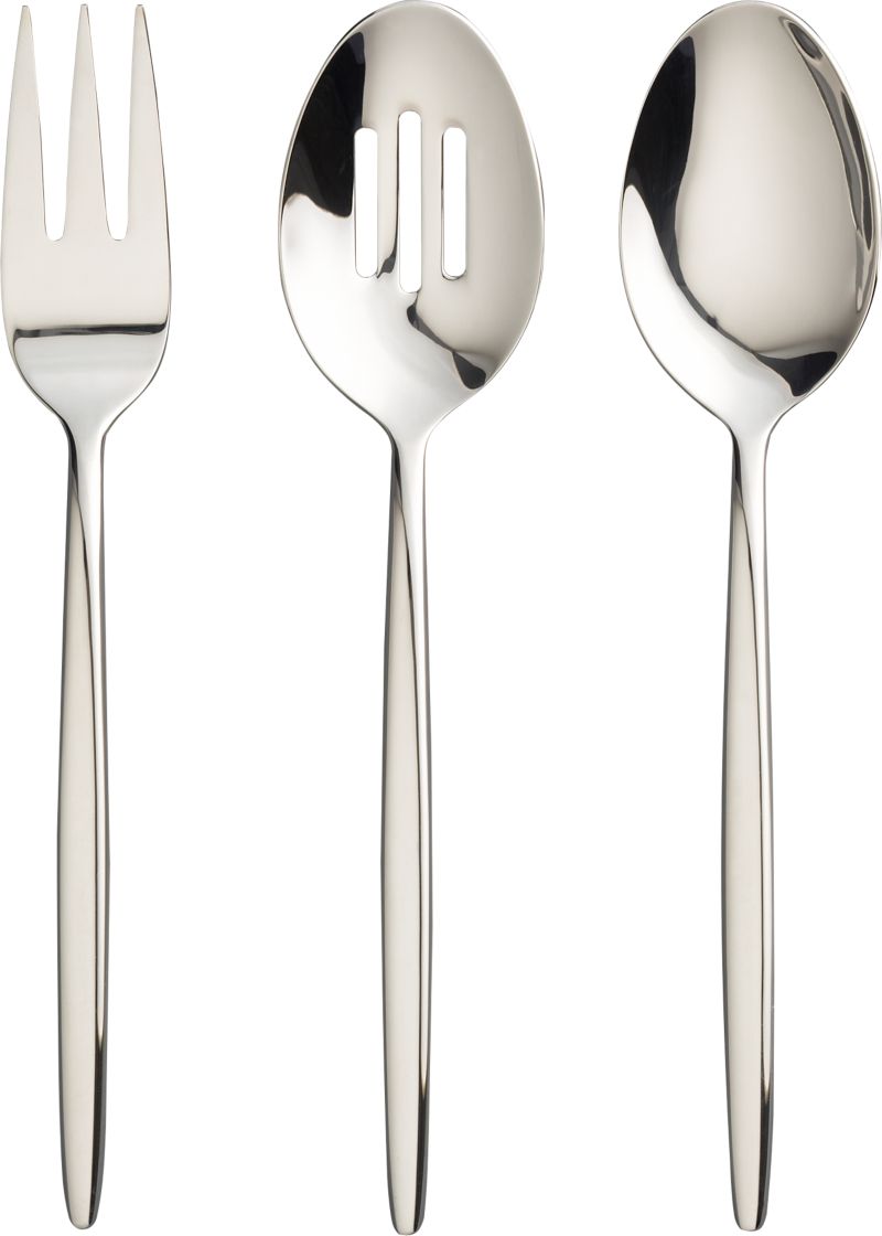 3-Piece Serving Set: serving fork, pierced serving spoon and serving spoon.