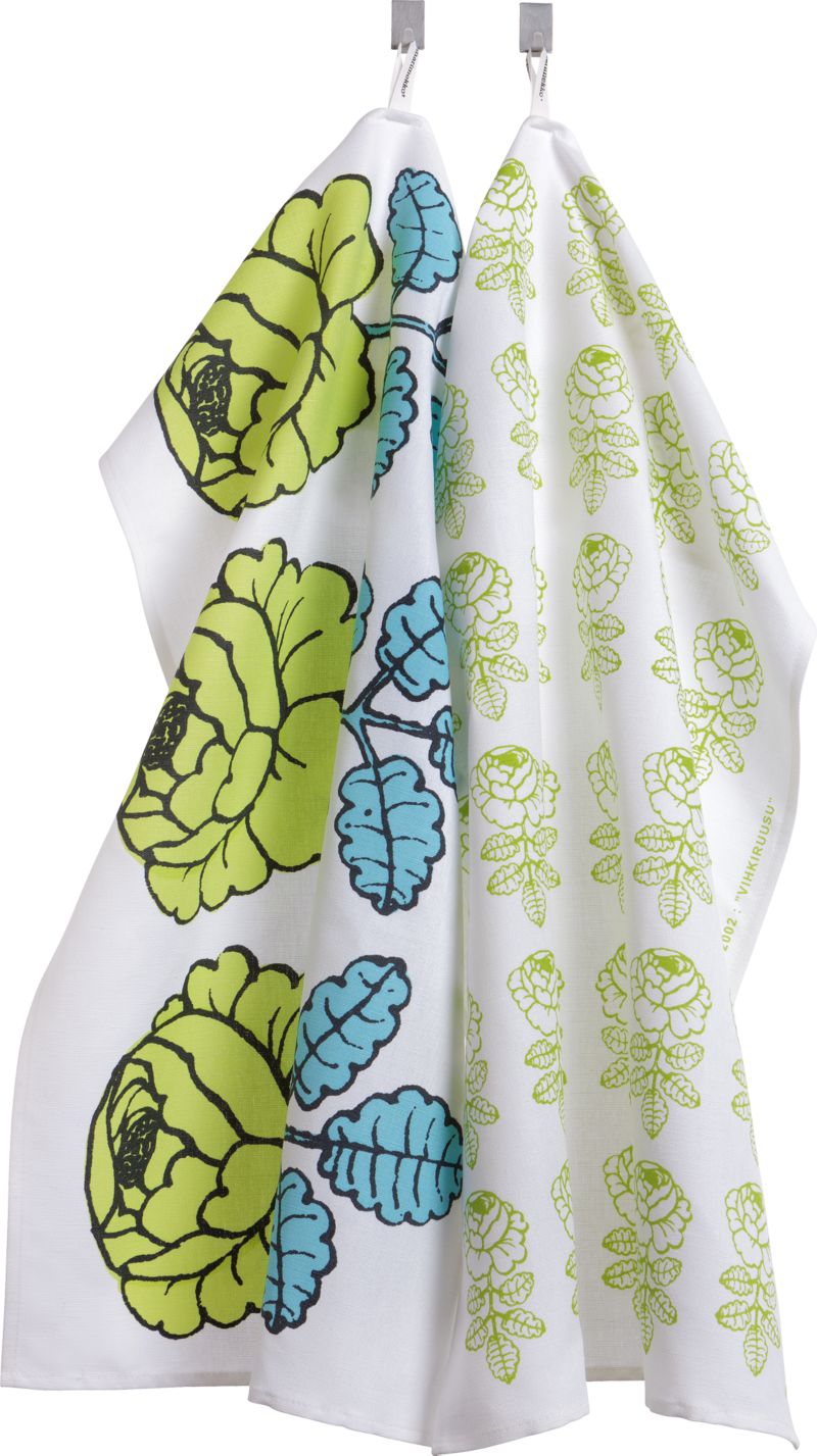 Set of 2 Marimekko Vihkiruusu Green and Blue Dishtowels