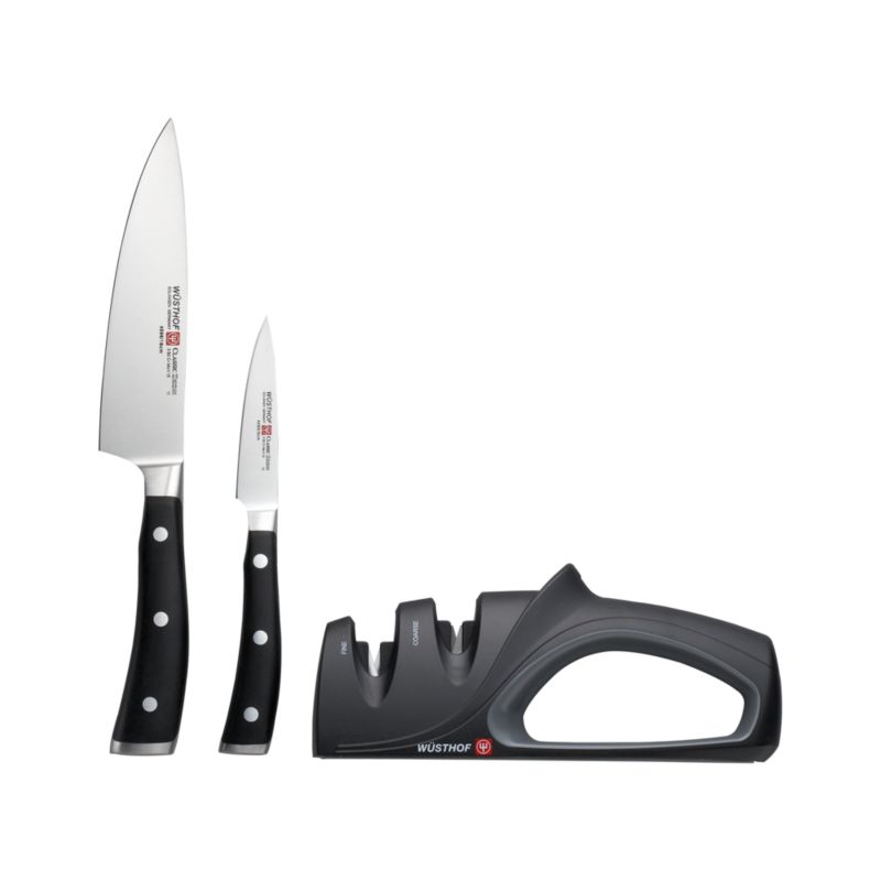 3-Piece Wüsthof® Ikon Gift Set: 3.5" paring knife, 6" chef's knife and 2-stage handheld sharpener.