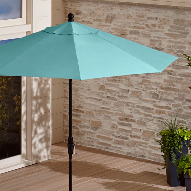 9' Round Sunbrella ® Mineral Blue Patio Umbrella with Tilt Black Frame