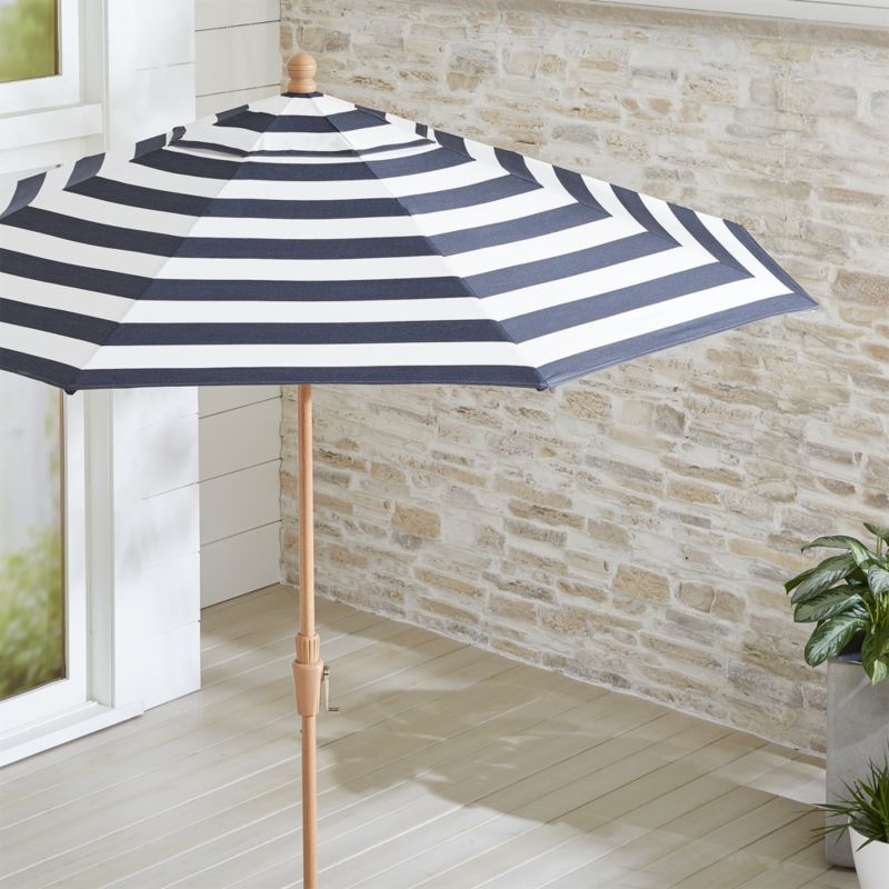 9 Round Sunbrella Cabana Stripe Navy Patio Umbrella With Tilt Faux Wood Frame Crate And Barrel