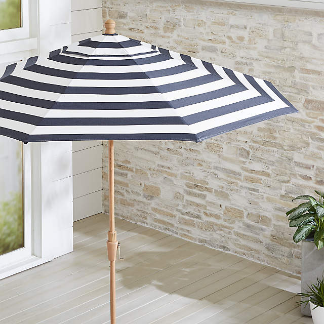 9 Round Sunbrella Cabana Stripe Navy Patio Umbrella With Tilt Faux Wood Frame Crate And Barrel