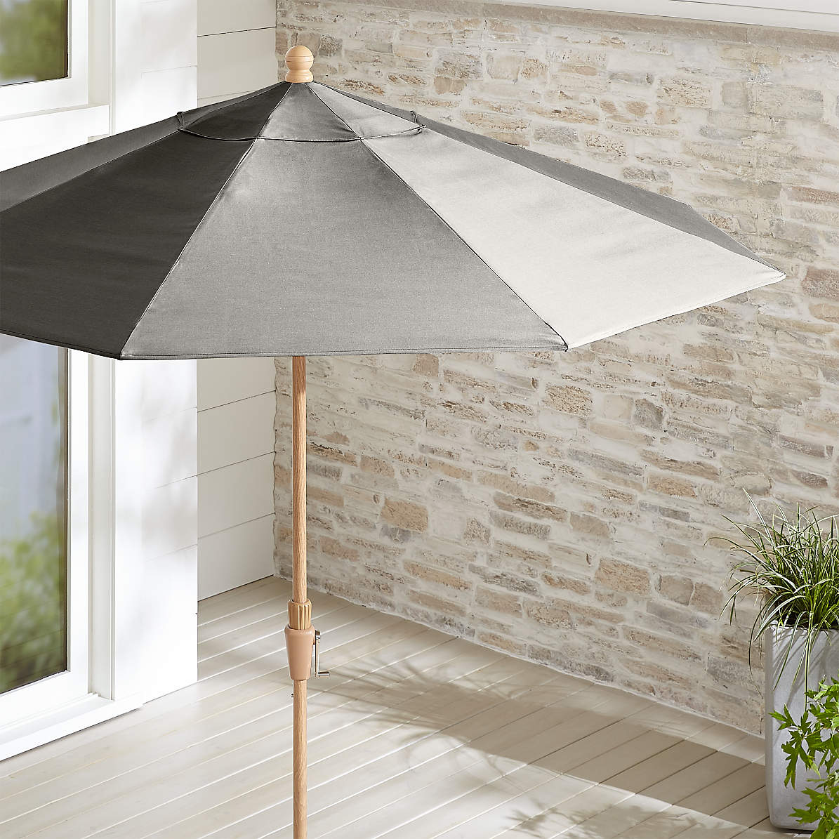 9 Round Sunbrella Graphite Patio Umbrella With Tilt Faux Wood Frame Crate And Barrel