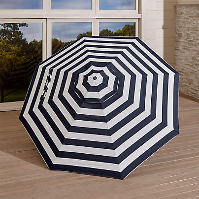 9 Round Sunbrella Cabana Stripe Navy Patio Umbrella With Tilt Faux Wood Frame Crate And Barrel