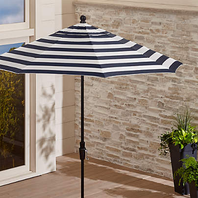 9 Round Sunbrella Cabana Stripe Navy Patio Umbrella With Tilt Faux Wood Frame Crate And Barrel