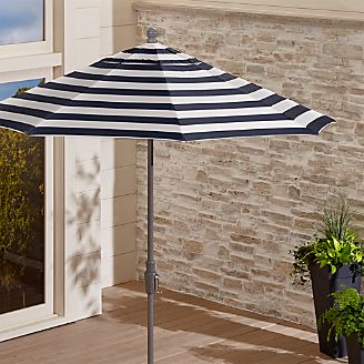9' Round Sunbrella ® Cabana Stripe Navy Patio Umbrella with Tilt Silver Frame