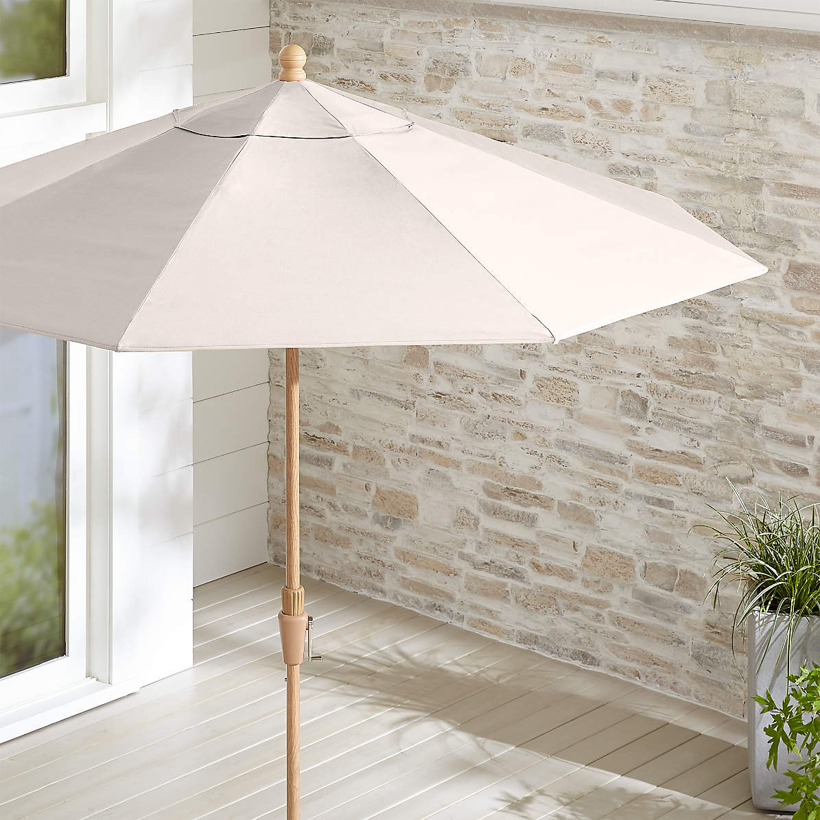 9 Round Sunbrella Silver Patio Umbrella With Tilt Faux Wood Frame Crate And Barrel Canada