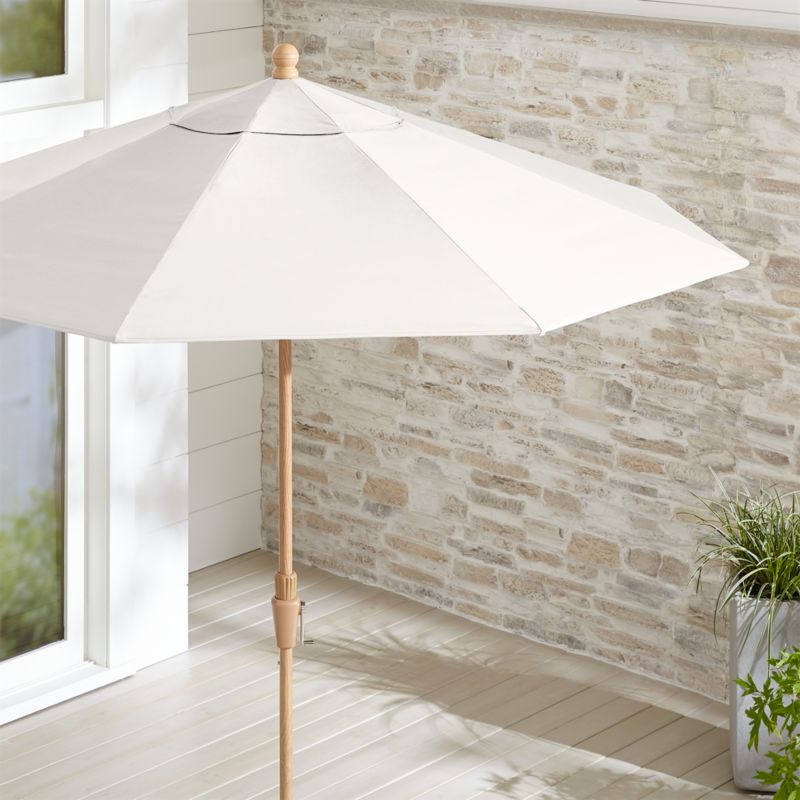 9 Round Sunbrella White Sand Patio Umbrella With Tilt Faux Wood Frame Crate And Barrel