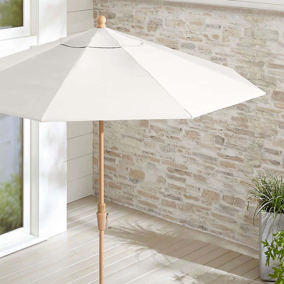 9 Round Sunbrella White Sand Patio Umbrella With Tilt Faux Wood Frame Crate And Barrel