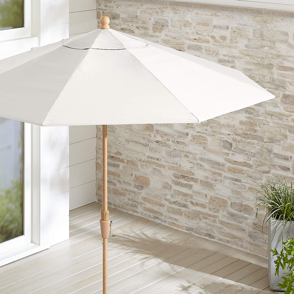 9 Round Sunbrella White Sand Patio Umbrella With Tilt Faux Wood Frame Crate And Barrel Canada