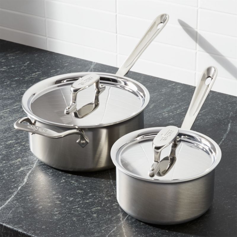 AllClad d5 Brushed Stainless Steel Saucepans with Lids Crate and Barrel