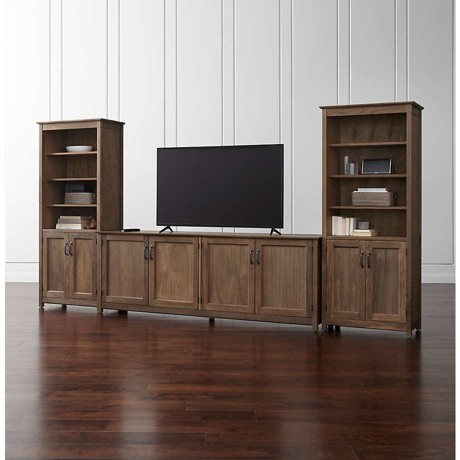 Ainsworth Walnut 85" Media Console and Two 30" Towers with Glass/Wood