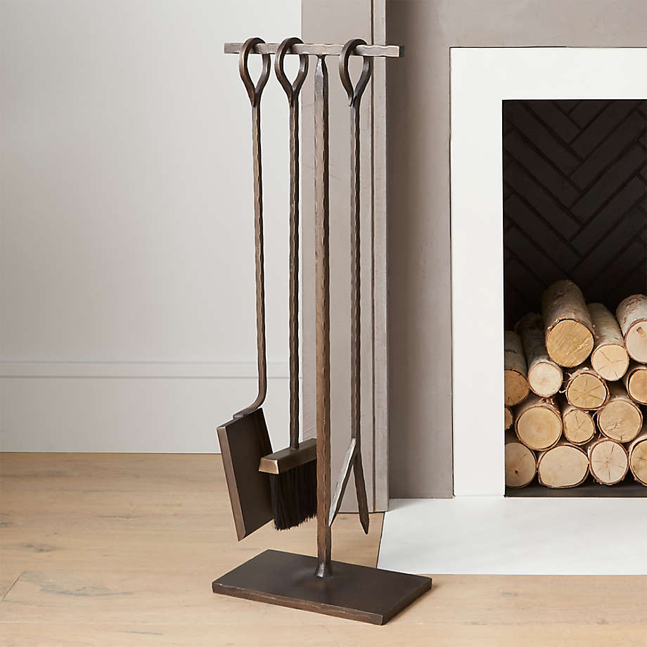 Antiqued Brass Fireplace Tool Set | Crate and Barrel