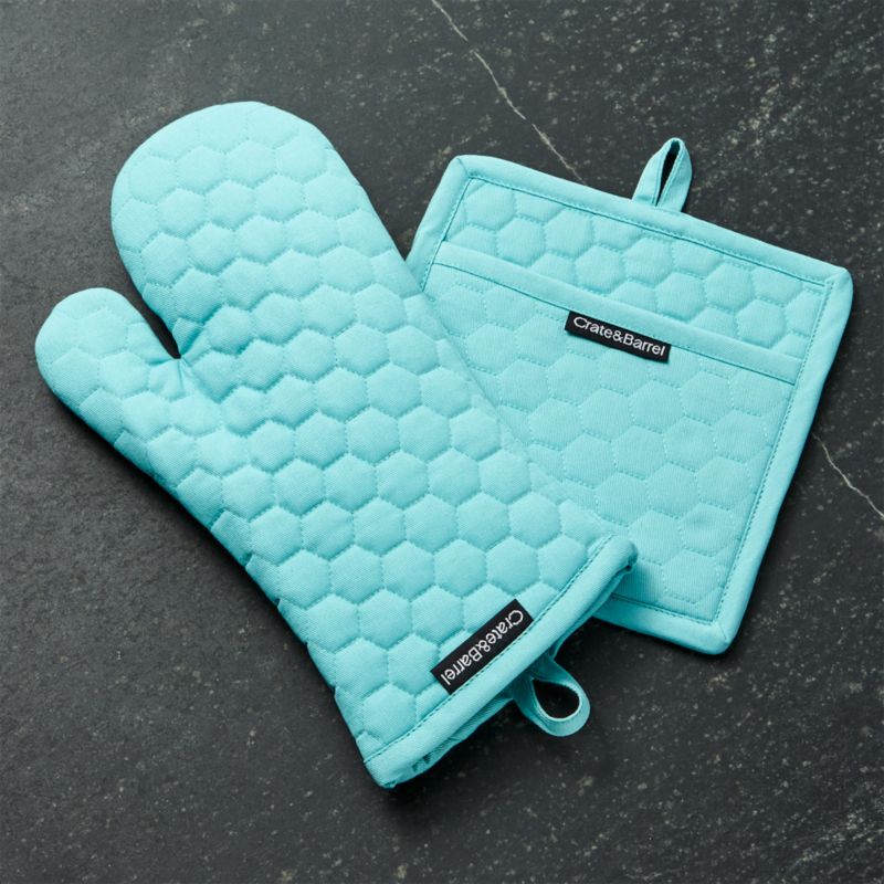 Aqua Blue Oven Mitt and Pot Holder Crate and Barrel