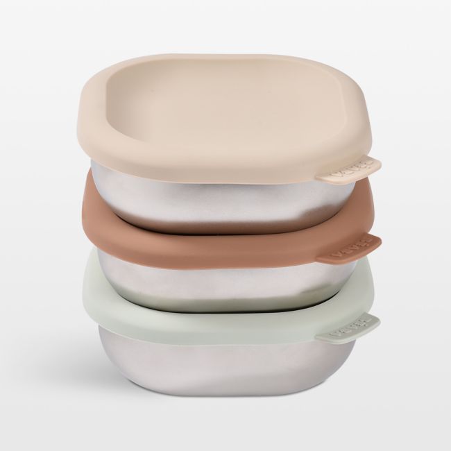 Crate & Barrel Beaba Neutral Mix Microwave-safe Stainless Steel Baby Bowl Set With Lids In Multi