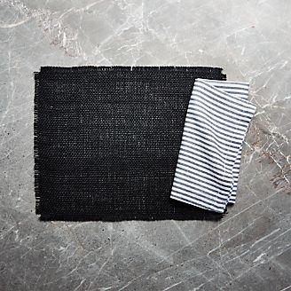 Basa Black Placemat and Liam Grey Striped Linen Cloth Dinner Napkin