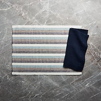 Bayside Stripe Placemat and Helena Indigo Blue Linen Dinner Napkin