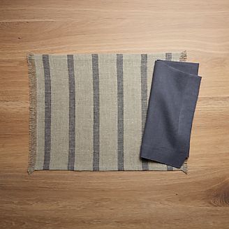 Beckett Grey Stripe Linen Placemat and Helena Graphite Linen Dinner Napkin