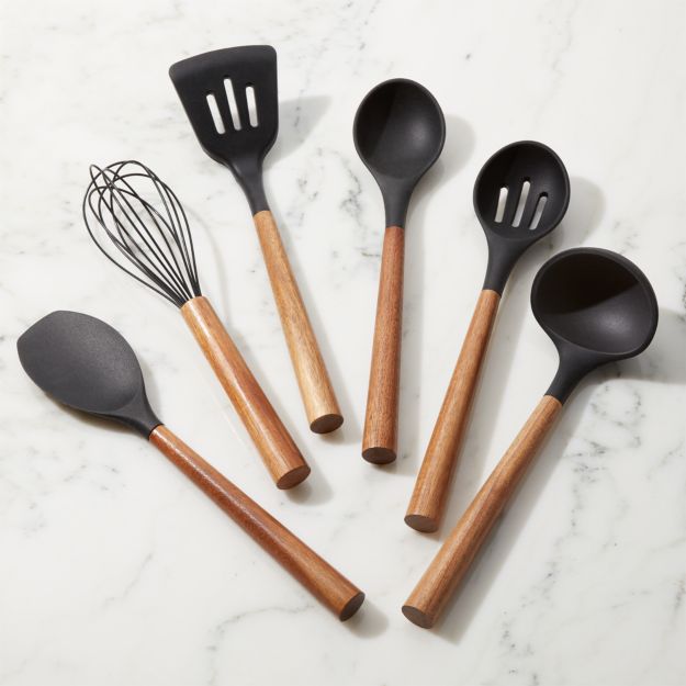 Black Silicone Utensils  with Acacia Handles Set of 6 
