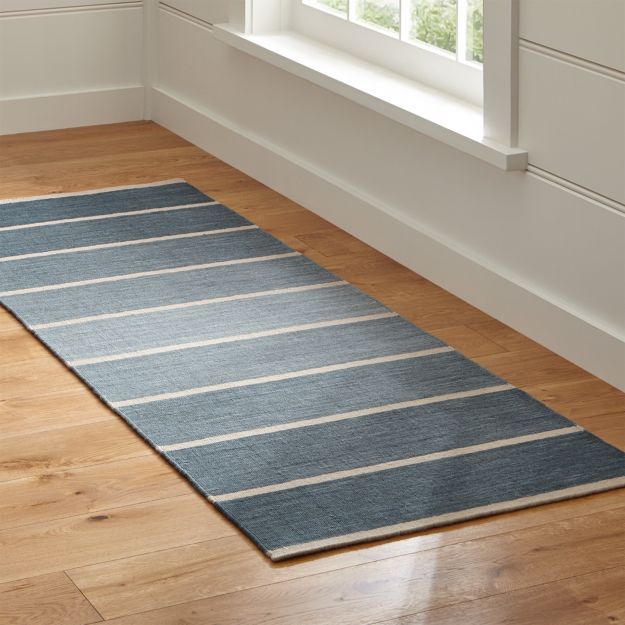 Bold Blue WoolBlend Striped Dhurrie Runner Rug 2.5'x7' + Reviews
