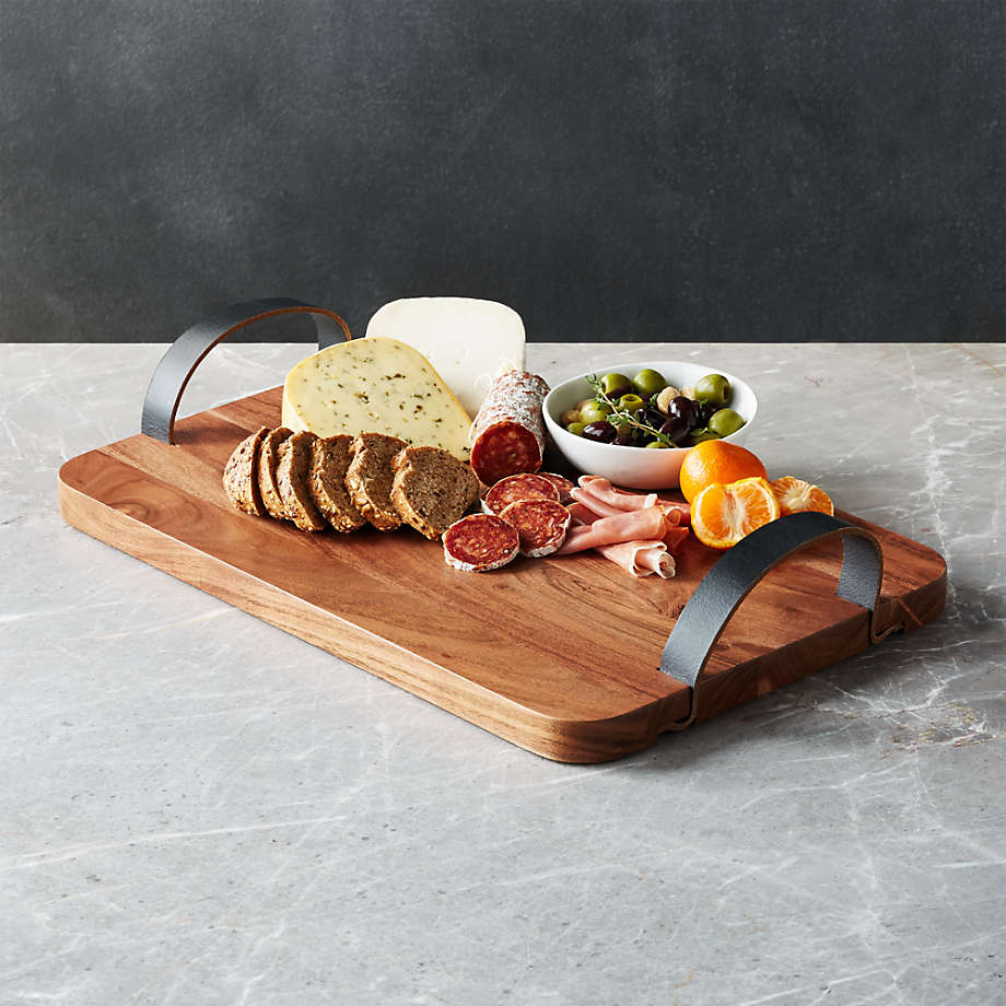 Brantley Serving Board with Leather Handles + Reviews | Crate and Barrel