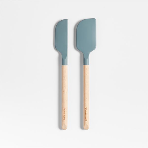 Crate & Barrel Deep Sage Green Silicone and Wood Mini Scraper Spatulas, Set of 2
