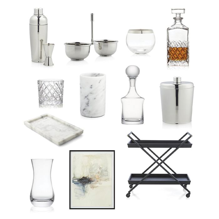 Gift registry items for a classic bar chart. Items include: a stainless steal mixer, stainless steal jigger, stainless steal server, pryce rocks glass, hatch decanter, hatch rocks glass, french kitchen marble wine cooler, tino decanter, stainless steel ice bucket, french kitchen marble rectangle tray, pera large vase, further woodland print, hobbs bar cart.