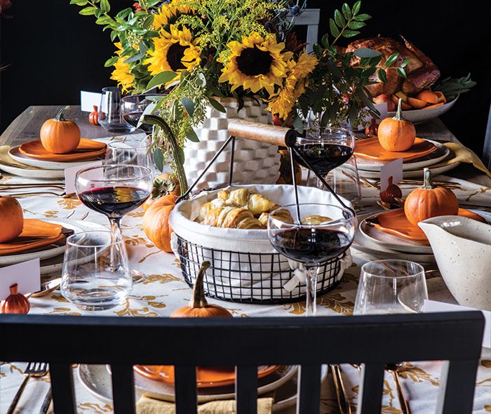 Pumpkin Themed Thanksgiving Tablescape on a Dakota 99 inch Dining Table