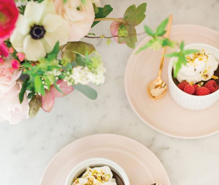 Chocolate Pot de Cremes in a Tall Ramekin with Rose Gold Flatware