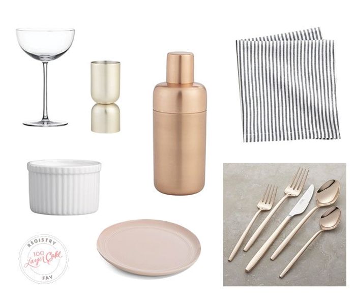 Pictured: Camille Long Stem Champagne Coupe Glass, Gold Bar Jigger, Orb Copper Shaker, Linen Cloth Dinner Napkin, Tall Ramekin, Hue Blush Salad Plates, Rose Gold Place Settings